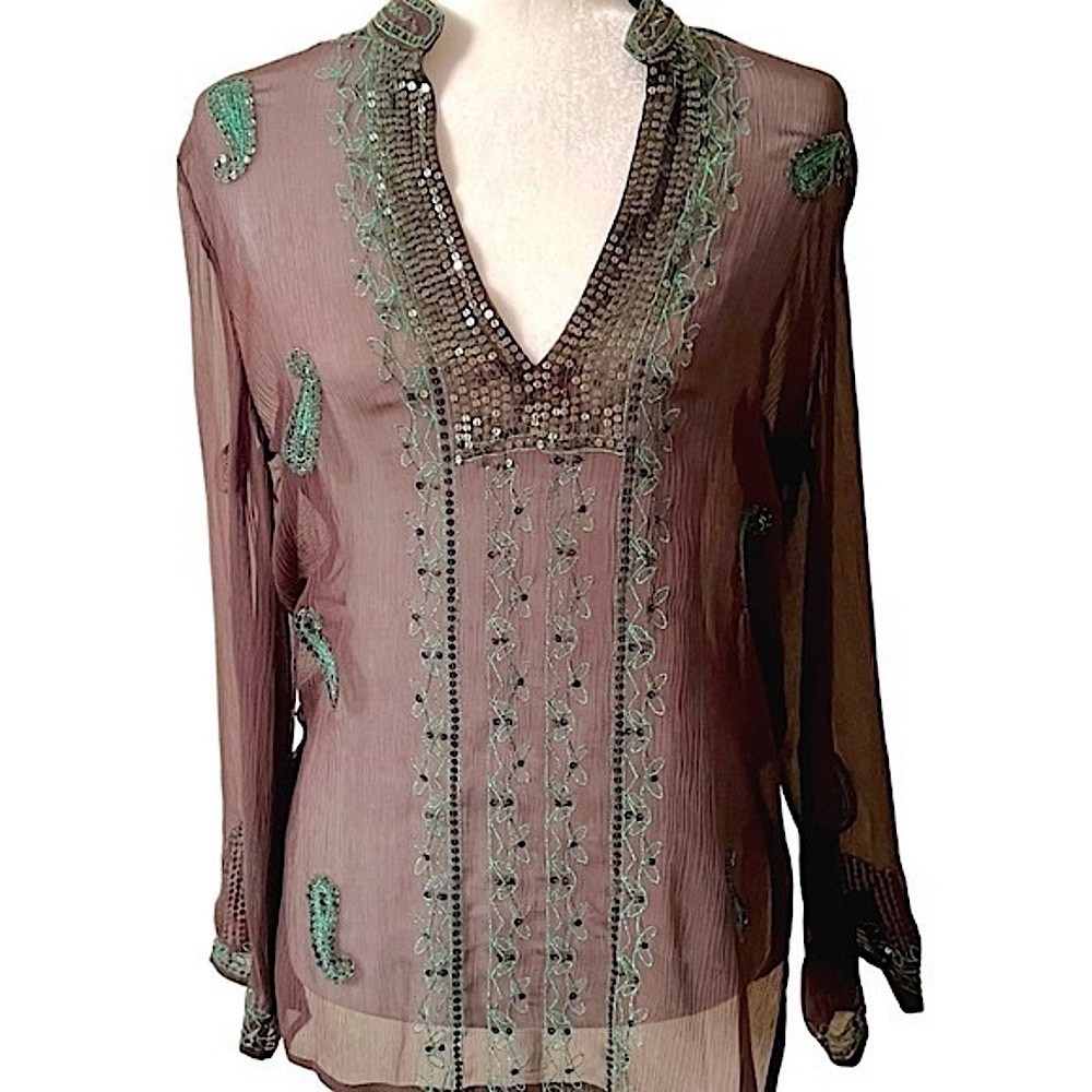 Chicos sheer tunic top brown green embroidery sequins XS NWT